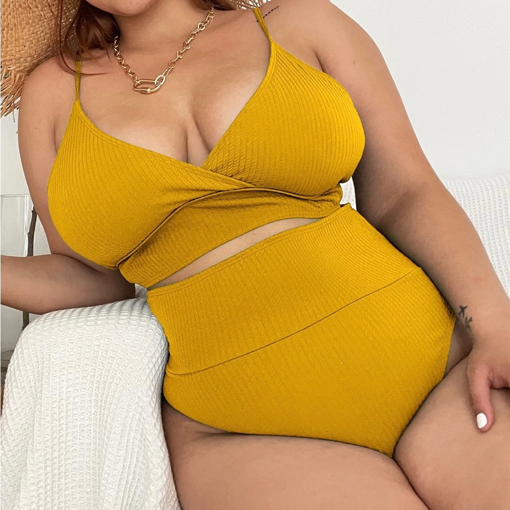 Plus Solid Wrap High Waisted Bikini Swimsuit